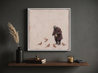 Old Man Feeding Pigeons Wall Art — Original Palette-Knife Oil, Wine & Cream — original hand-painted oil shown on the wall in a styled room