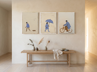 Solitude Triptych — 3 Original Oils, Periwinkle & Oat — original hand-painted oil shown on the wall in a styled room