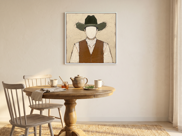 Cowboy in a Vest Wall Art — Original Palette-Knife Oil, Olive & Caramel