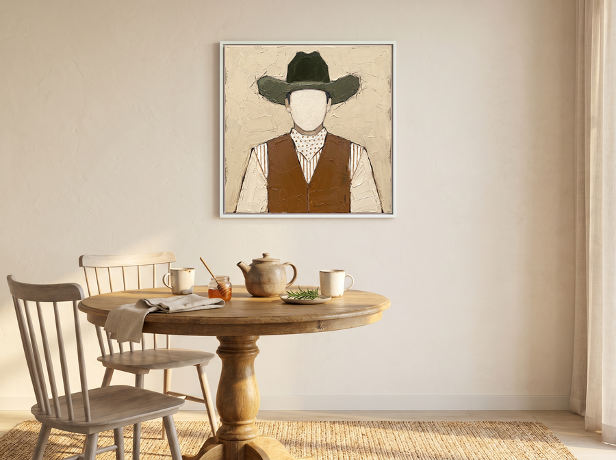 Cowboy in a Vest Wall Art — Original Palette-Knife Oil, Olive & Caramel