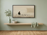 Pigeon Feeder Wide Wall Art — Original Oil, Charcoal & Oxblood — original hand-painted oil shown on the wall in a styled room