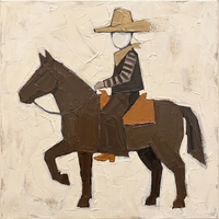 Original oil painting of a faceless cowboy in a tan hat on a dark brown horse with one foreleg lifted, on a wide cream ground
