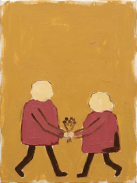 Oil painting of a man and woman in clay-rose coats walking hand in hand, shoulders almost touching, on a mustard-gold ground.