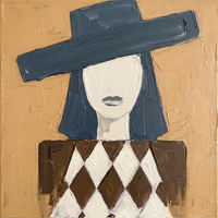 Original oil painting of a pale-faced woman in a wide slate-teal hat with a single cool mouth, over brown and cream diamonds, on a golden ochre ground