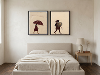 Woman with Umbrella & Woman with Bouquet — Set of 2 Original Oils, Wine & Oat — original hand-painted oil shown on the wall in a styled room