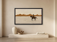 Lone Rider and Mountain Ridge Wide Wall Art — Original Palette-Knife Oil, Chocolate & Cream — original hand-painted oil shown on the wall in a styled room