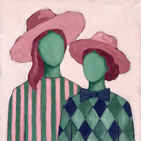 Original oil painting of two women with emerald oval faces in rose-pink hats, one in green and pink stripes, one in a navy and emerald harlequin shirt with a navy bow, on a blush ground