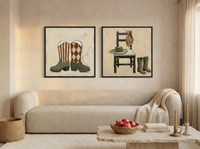 Cowboy Boots & Hat — Set of 2 Original Oils, Olive & Sienna — original hand-painted oil shown on the wall in a styled room