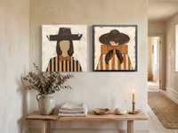Cowgirls Turning Toward Each Other — Set of 2 Original Oils, Chocolate & Tan — original hand-painted oil shown on the wall in a styled room