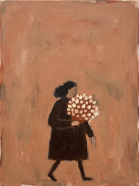 Oil painting of a man in a espresso coat with a pale cream head walking to the left with a folded newspaper, a small dachshund trailing behind, on a deep terracotta ground.
