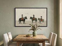 Three Children on Ponies Wide Wall Art — Original Palette-Knife Oil, Sage & Terracotta — original hand-painted oil shown on the wall in a styled room
