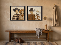 Cowboy & Cowgirl, Front & Back — Set of 2 Original Oils, Chocolate & Rust — original hand-painted oil shown on the wall in a styled room