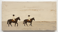Original oil painting of two horse riders crossing a vast cream pasture, chocolate-brown horses and pale riders in broad hats, heavy palette-knife texture in a 16:9 wide format