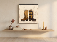 Cowboy Boots Wall Art — Original Palette-Knife Oil, Brown & Tan — original hand-painted oil shown on the wall in a styled room
