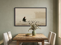 Pigeon Feeder Wide Wall Art — Original Oil, Charcoal & Oxblood — original hand-painted oil shown on the wall in a styled room