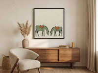 Two Grazing Horses Wall Art — Original Palette-Knife Oil, Sage & Terracotta — original hand-painted oil shown on the wall in a styled room