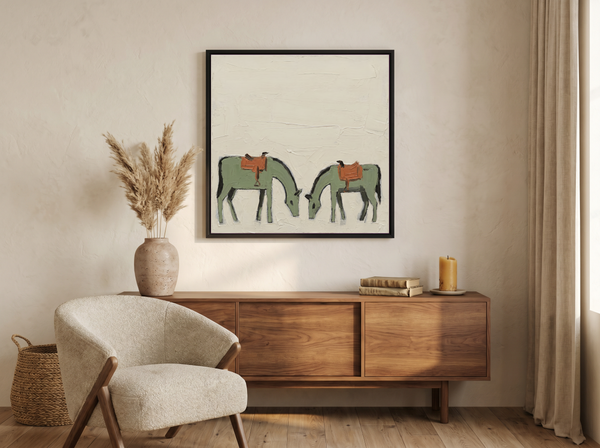 Two Grazing Horses Wall Art — Original Palette-Knife Oil, Sage & Terracotta