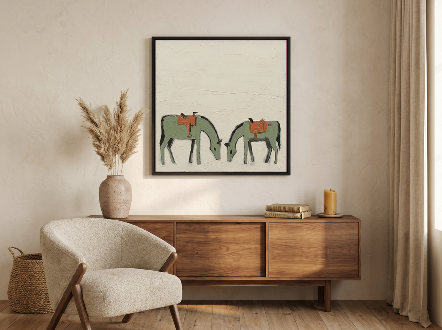 Two Grazing Horses Wall Art — Original Palette-Knife Oil, Sage & Terracotta