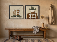 Cowboy Boots & Cowboy — Set of 2 Original Oils, Olive & Sienna — original hand-painted oil shown on the wall in a styled room