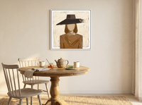 Woman in a Wide Hat Wall Art — Original Palette-Knife Oil, Chocolate & Tan — original hand-painted oil shown on the wall in a styled room