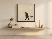 Man Walking His Dachshund Wall Art — Original Oil, Charcoal & Oxblood — original hand-painted oil shown on the wall in a styled room