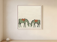 Two Grazing Horses Wall Art — Original Palette-Knife Oil, Sage & Terracotta — original hand-painted oil shown on the wall in a styled room