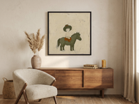 Child on a Pony Wall Art — Original Palette-Knife Oil, Olive & Rust — original hand-painted oil shown on the wall in a styled room