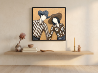 Dancing Couple Wall Art — Original Palette-Knife Oil, Slate & Ochre — original hand-painted oil shown on the wall in a styled room