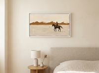 Lone Rider and Mountain Ridge Wide Wall Art — Original Palette-Knife Oil, Chocolate & Cream — original hand-painted oil shown on the wall in a styled room