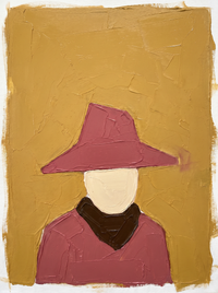 Heavy impasto oil portrait of a cowboy face-on under a clay-rose angular hat with a cream blank face and dark collar, on a mustard-gold ground.