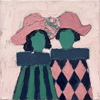 Original oil painting of two women in rose-pink hats with emerald oval faces, navy collar bands, green-navy stripes and a pink-navy harlequin, on a blush ground