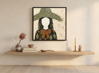 Lady in an Olive Floppy Hat Wall Art — Original Palette-Knife Oil, Olive & Rust — original hand-painted oil shown on the wall in a styled room