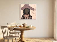 Lady in a Floppy Hat Wall Art — Original Palette-Knife Oil, Mauve & Charcoal — original hand-painted oil shown on the wall in a styled room
