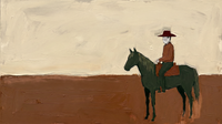 Original wide oil painting of a rider in an oxblood hat on a dark olive horse facing left against a deep oxblood-brown plain under a cream sky