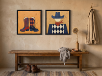 Cowboy Boots & Cowboy — Set of 2 Original Oils, Navy & Vermilion — original hand-painted oil shown on the wall in a styled room