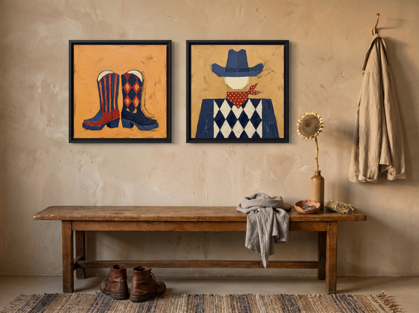 Cowboy Boots & Cowboy — Set of 2 Original Oils, Navy & Vermilion