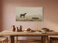 Standing and Resting Horses Wide Wall Art — Original Palette-Knife Oil, Sage Green & Terracotta — original hand-painted oil shown on the wall in a styled room