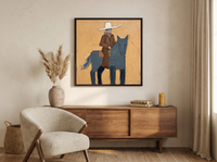 Cowgirl on Horseback Wall Art — Original Palette-Knife Oil, Slate & Ochre — original hand-painted oil shown on the wall in a styled room