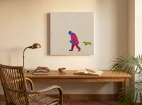 Man Walking His Dachshund Wall Art — Original Pop-Colour Oil, Magenta & Blue — original hand-painted oil shown on the wall in a styled room