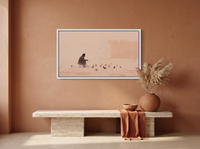 Pigeon Feeder at Dawn Wide Wall Art — Original Oil, Mauve & Rose — original hand-painted oil shown on the wall in a styled room