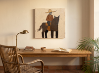 Cowgirl on Horseback Wall Art — Original Palette-Knife Oil, Brown & Ochre — original hand-painted oil shown on the wall in a styled room