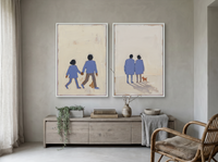 Couple Holding Hands & Couple at Dusk — Set of 2 Original Oils, Periwinkle & Oat — original hand-painted oil shown on the wall in a styled room