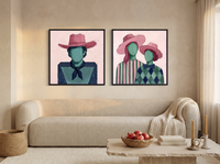 Cowboy & Two Cowgirls — Set of 2 Original Oils, Blush & Emerald — original hand-painted oil shown on the wall in a styled room