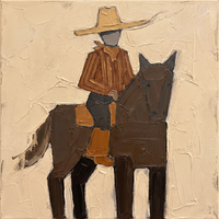 Original oil painting of a cowgirl in a mustard hat and rust scarf on a dark brown horse turned toward the viewer, on a cream ground