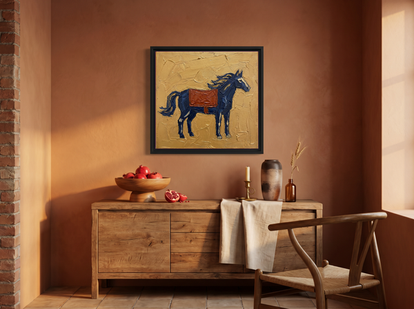 Standing Horse Wall Art — Original Palette-Knife Oil, Navy & Rust