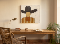 Cowboy in a Wide Hat Wall Art — Original Palette-Knife Oil, Brown & Ochre — original hand-painted oil shown on the wall in a styled room