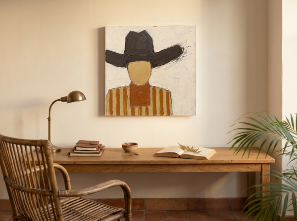 Cowboy in a Wide Hat Wall Art — Original Palette-Knife Oil, Brown & Ochre