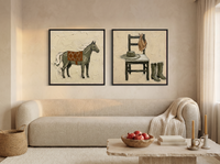 Horse & Cowboy Gear — Set of 2 Original Oils, Olive & Sienna — original hand-painted oil shown on the wall in a styled room