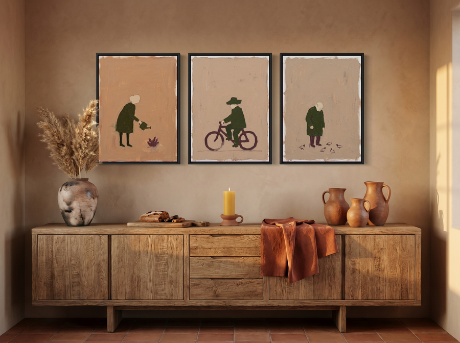A Quiet Day Triptych — 3 Original Oils, Moss & Clay