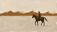 Original wide oil painting of a lone rider on a chocolate horse crossing a cream plain below a low tan mountain ridge, palette-knife texture